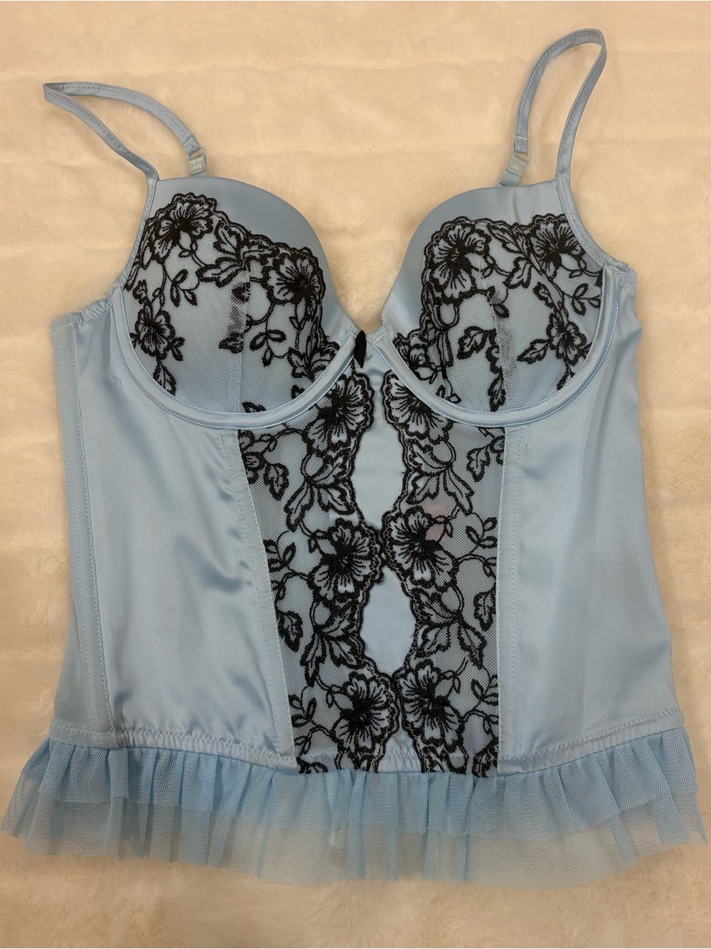 sophie b. Powder Blue Bustier with Black Floral Lace